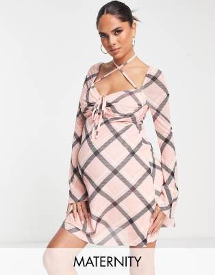 The Frolic Maternity check mesh sleeve mini dress in pale pink - ASOS Price Checker