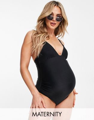 The Frolic Maternity Dantan Deep V Neck Tie Back Swimsuit In Black