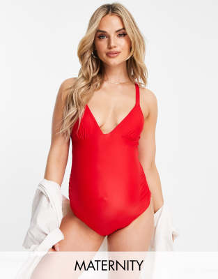 Shop The Frolic Maternity Dantan Deep V Neck Tie Back Swimsuit In Red