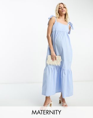 The Frolic Maternity - Gestuftes Midikleid aus Popeline in Blau mit Bindebändern