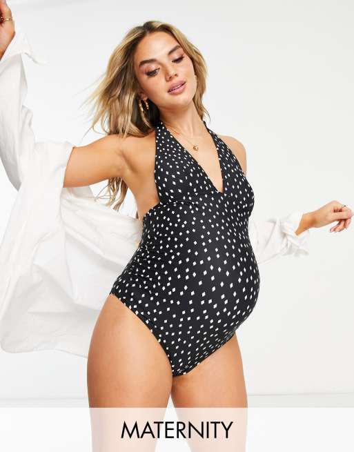 ASOS DESIGN maternity swimsuit with broderie trim in white