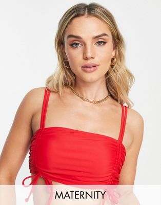 The Frolic Maternity lunan ruched channel tie detail bikini top in red