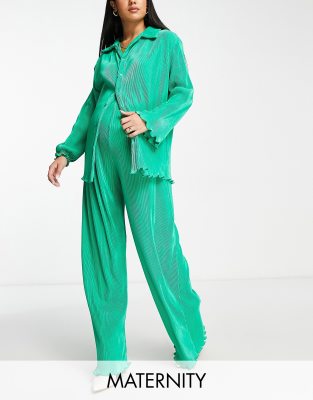 The Frolic Maternity The Frolic Maternity plisse wide leg trouser co-ord in jade green