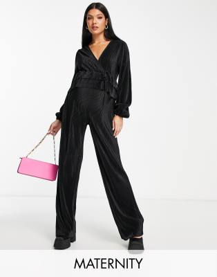 The Frolic Maternity The Frolic Maternity plisse wrap detail jumpsuit in black