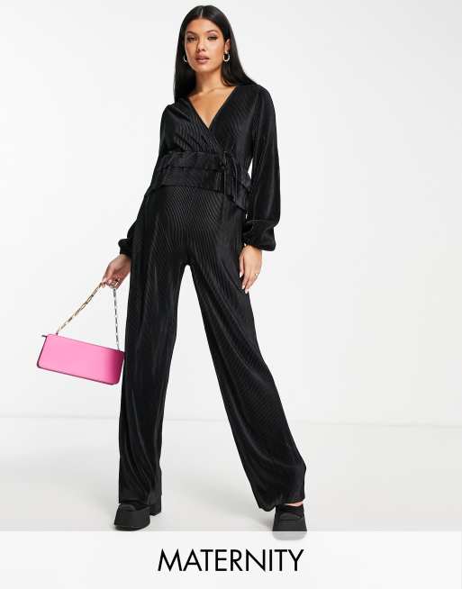 The Frolic Maternity plisse wrap detail jumpsuit in black