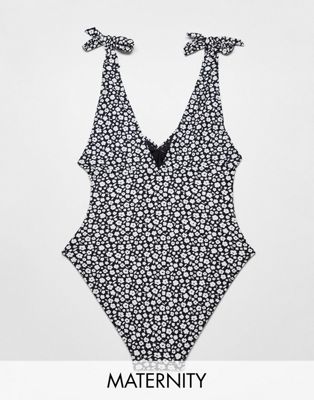 The Frolic Maternity Plunge Swimsuit In Black & White Floral Ditsy Print-multi