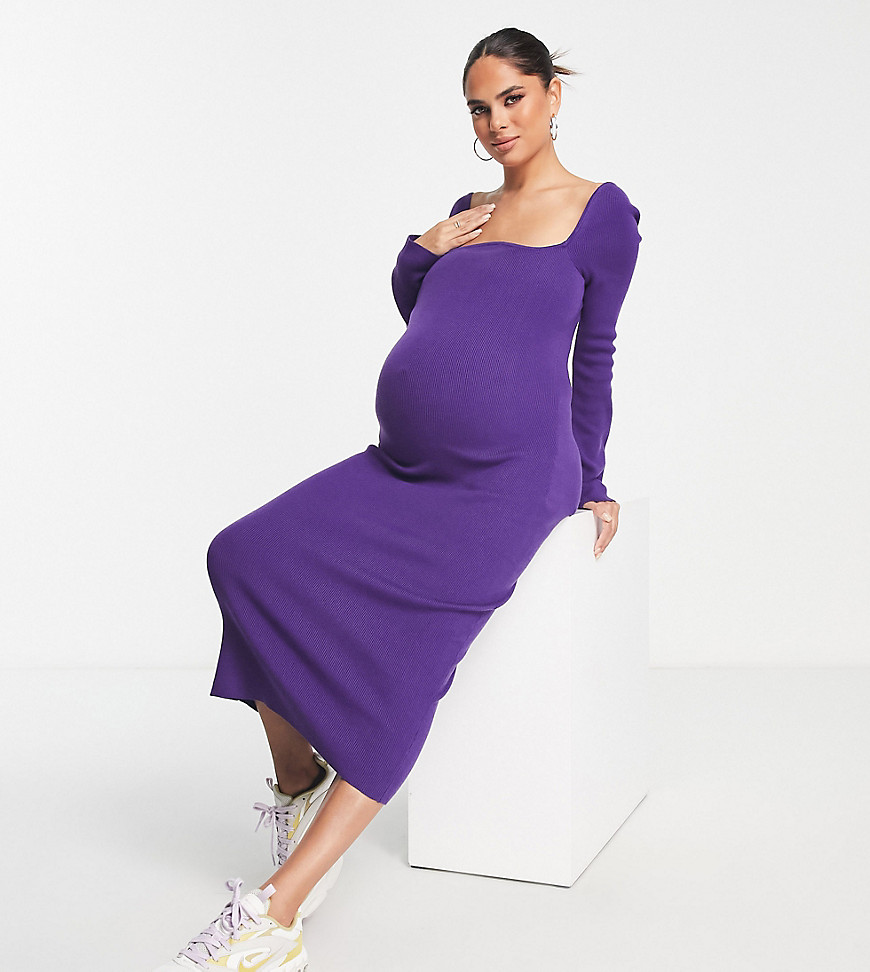 The Frolic Maternity ribbed curved neckline midi dress in deep purple