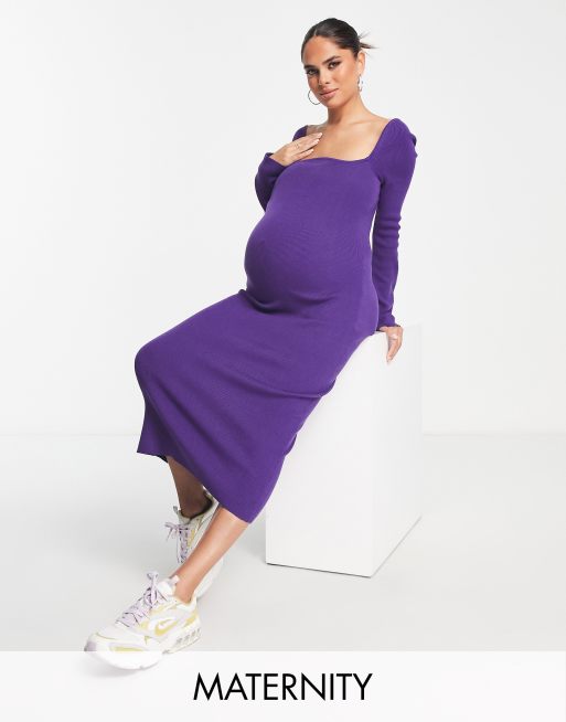 The Frolic Maternity ribbed curved neckline midi dress in deep purple