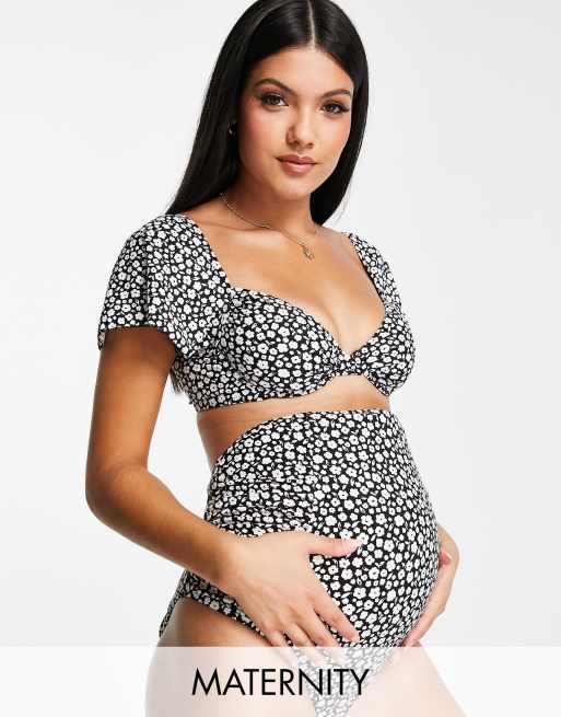 The Frolic Maternity - Sunny - Bikinitop med afkortede ærmer i sort/hvidt, småblomstret print 