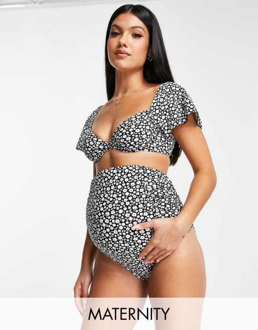 The Frolic Maternity Sunny high waist bikini bottom in black & white ditsy floral