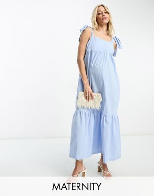 The Frolic Maternity tiered midi dress with tie straps in blue poplin