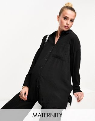The Frolic Maternity tourmaline shirred long sleeve top co-ord in black pleated texture