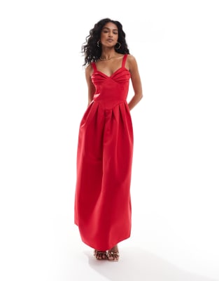 The Frolic - Maxi-Trägerkleid aus schwerem Satin in Rot mit Korsettdetail