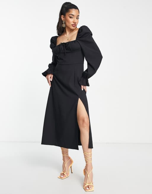 The Frolic - Midaxi jurk van linnen in melkmeisjes-stijl met strikdetail op de borst