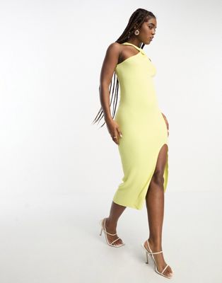 The Frolic Midi Dress With Twist High Neck And Side Slit In Yellow