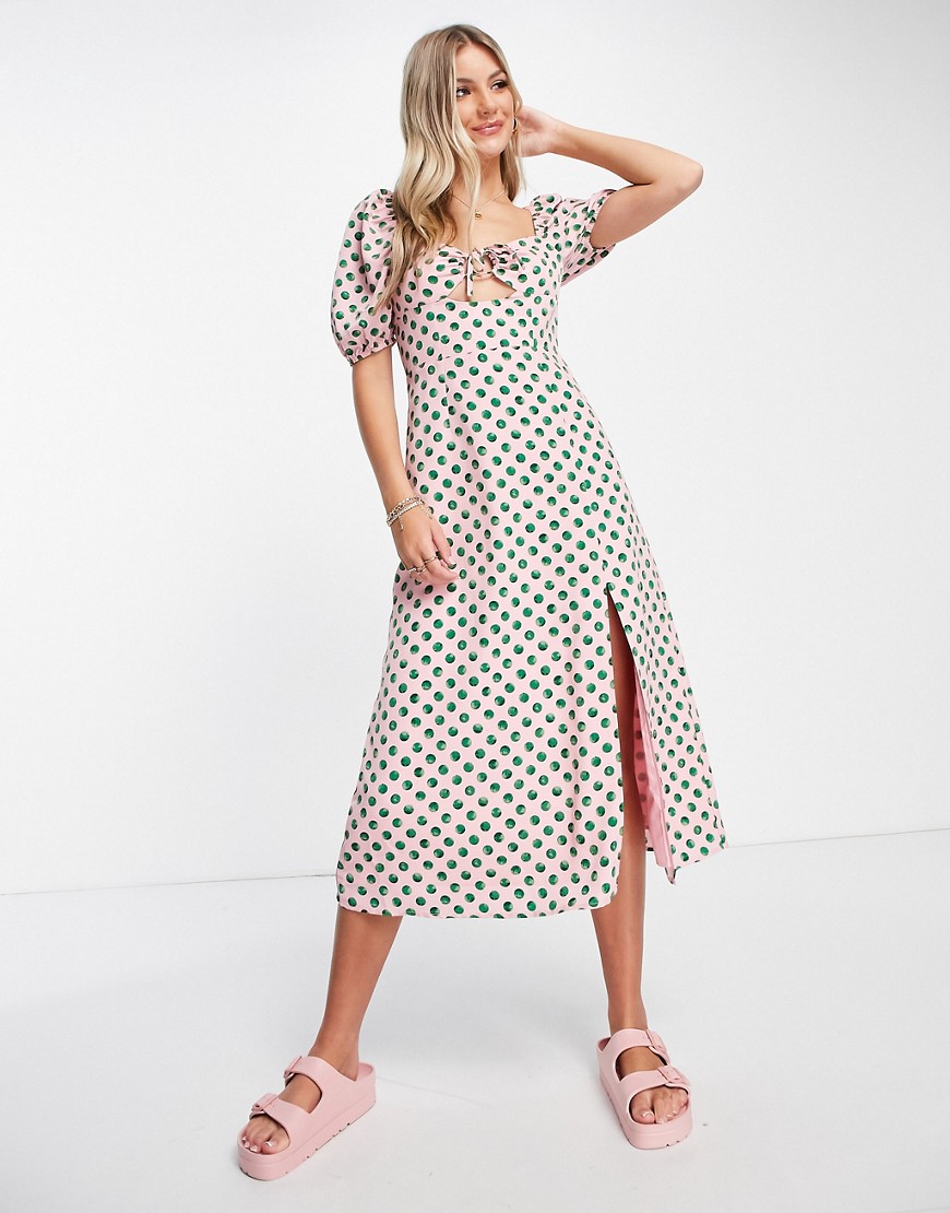The Frolic Milkmaid Midaxi Dress With Tie Bust Detail In Watercolor Spot-pink