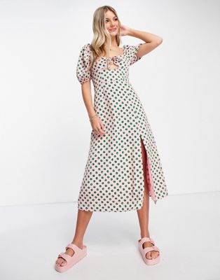 The Frolic milkmaid midaxi dress with tie bust detail in watercolour spot - ASOS Price Checker