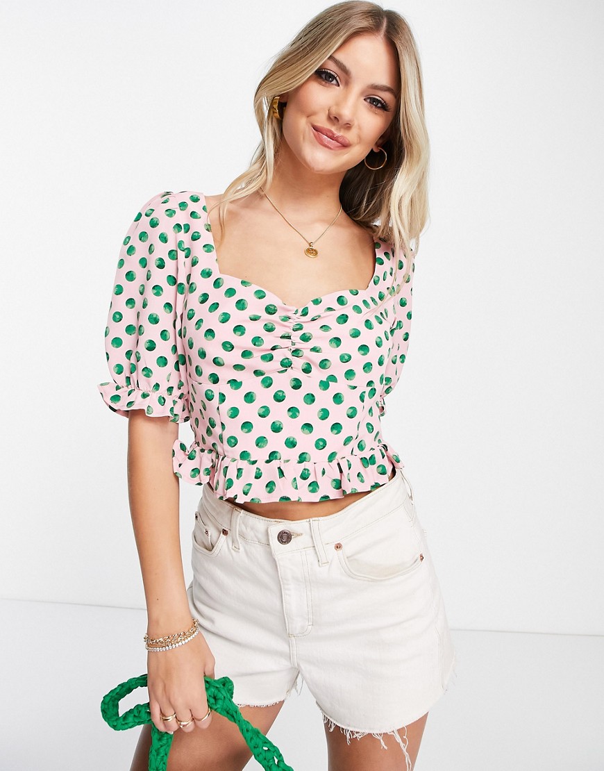 The Frolic milkmaid top with puff sleeves in watercolour spot-Pink