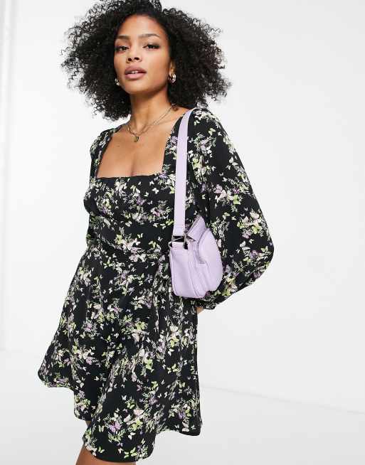 The Frolic - Mini jurk met aangerimpelde borst en vlinderprint in zwart