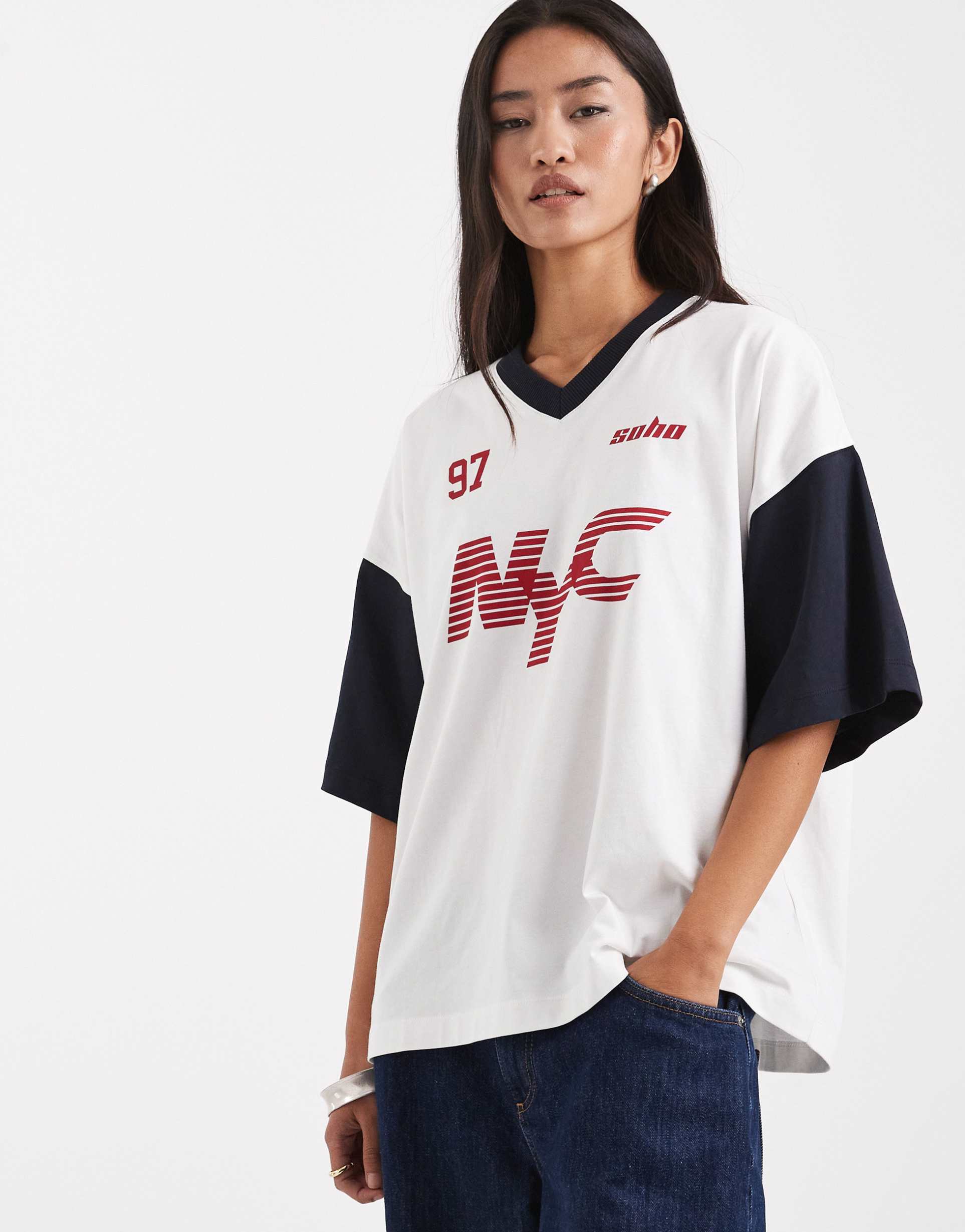 the frolic 'nyc' graphic football jersey in cream & navy
