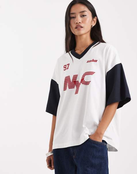 The Frolic 'NYC' graphic football jersey in cream & navy