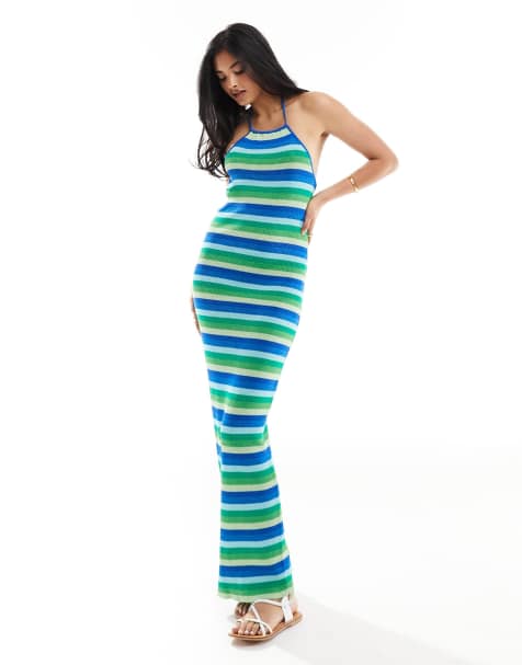The Frolic ophina halter neck tie detail tonal metallic stripe maxi beach dress in blue and green  