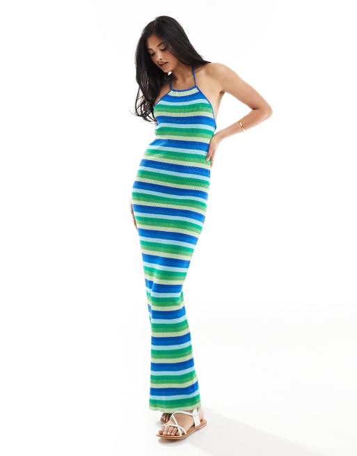 The Frolic Ophina halterneck tie detail tonal metallic stripe maxi beach dress in blue and green  