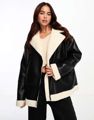 The Frolic oversized aviator jacket in black and cream | ASOS