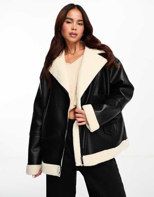 ME+EM Luxe Shearling Leather Mix Swing Coat in Black