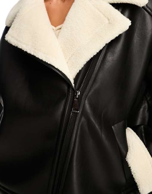 ME+EM Luxe Shearling Leather Mix Swing Coat in Black