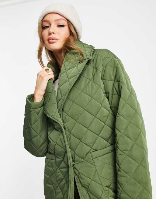 The Frolic oversized collar quilted coat in khaki