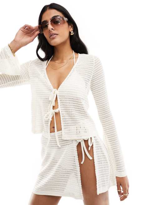 The Frolic - Pasha - Chemise d'ensemble de plage nouée devant à manches longues - Crème