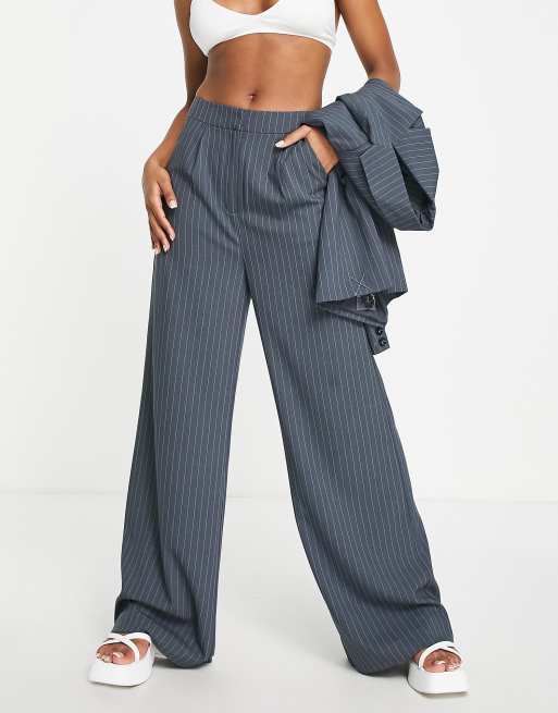 The Frolic pinstripe wide leg pants in charcoal gray - part of a set