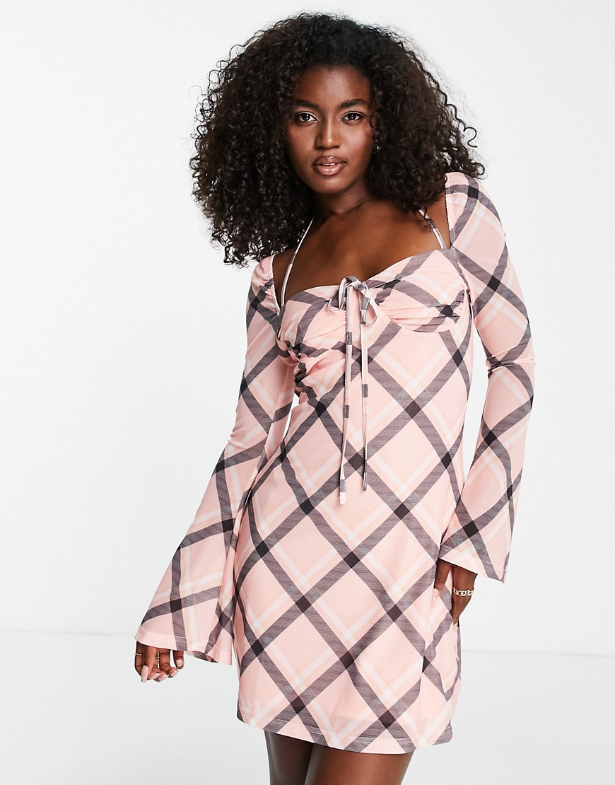 The Frolic Plaid Mesh Sleeve Mini Dress In Pale Pink