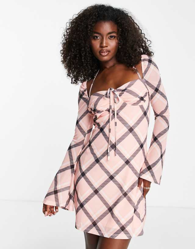 The Frolic plaid mesh sleeve mini dress in pale pink