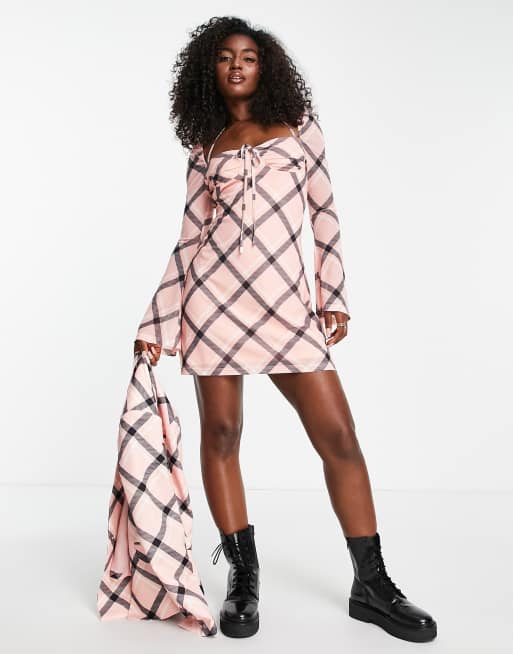 Pink plaid mini clearance dress