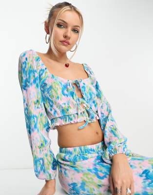 The Frolic plisse tie back co-ord top in blue washed floral