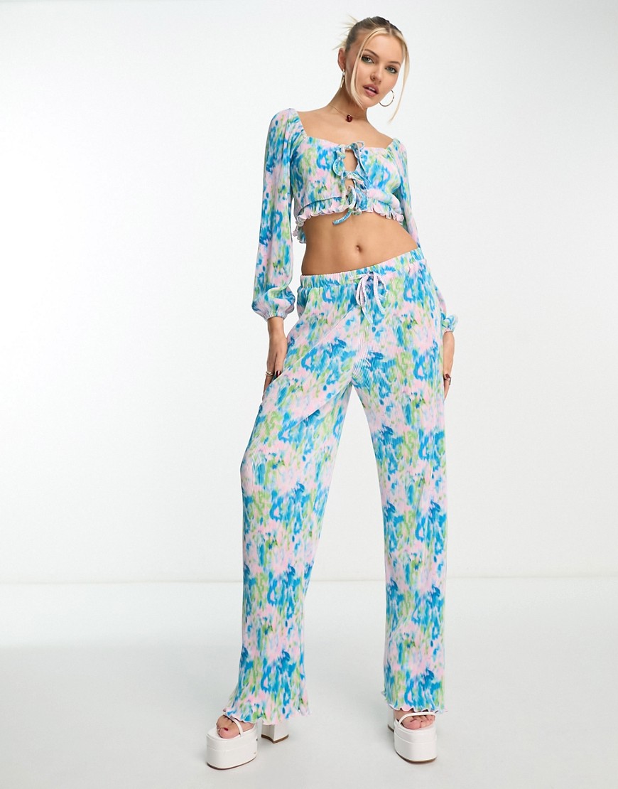The Frolic plisse wide leg pants in blue washed floral - part of a set-Multi