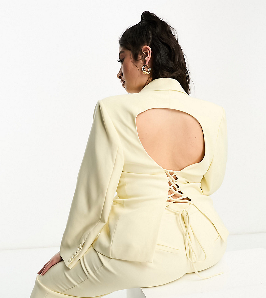 The Frolic Plus backless blazer with tie up detail co-ord in vanilla-Neutral