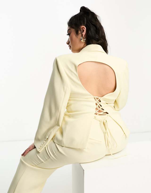 The Frolic Plus backless blazer with tie up detail in vanilla - part of a set