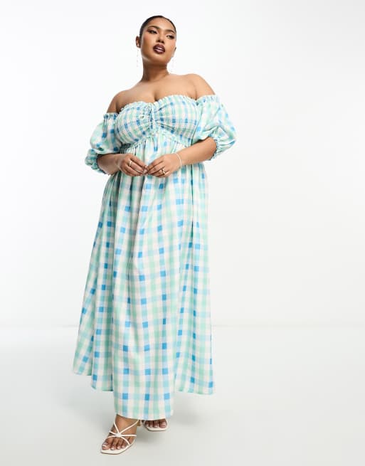 The Frolic Plus - Blå ternet offshoulder-maxikjole