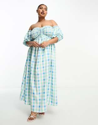 The Frolic Plus check off-shoulder shirred maxi dress in blue