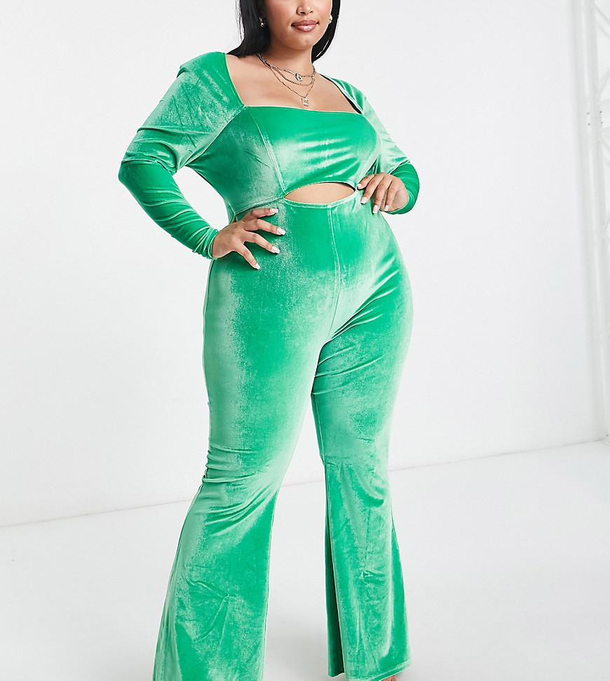 The Frolic Plus cut-out velvet bustier jumpsuit in emerald green