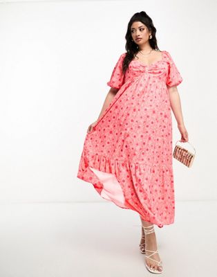 The Frolic Plus daisy print bust detail maxi smock dress in coral-Orange