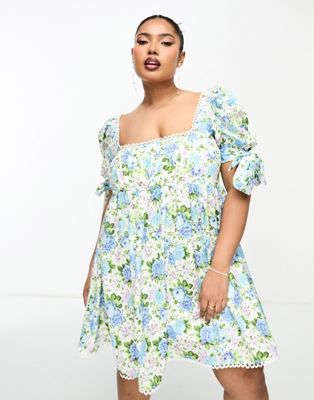 The Frolic Plus edge detail puff sleeve mini dress in vintage bloom floral-Blue