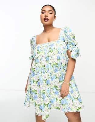 The Frolic Plus edge detail puff sleeve mini dress in vintage bloom floral