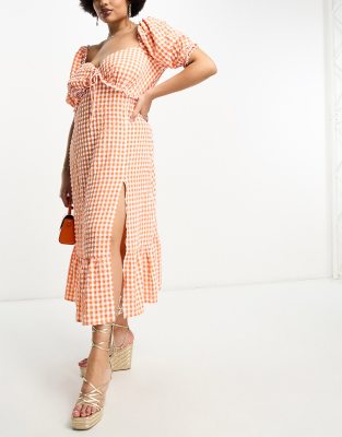 The Frolic Plus Gingham Ruffle Milkmaid Midaxi Dress In Tangerine-orange