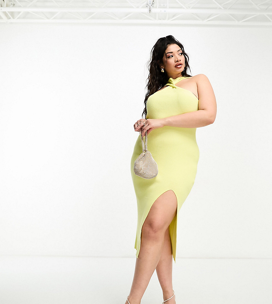 The Frolic Plus midi dress with twist high neck and side slit in yellow