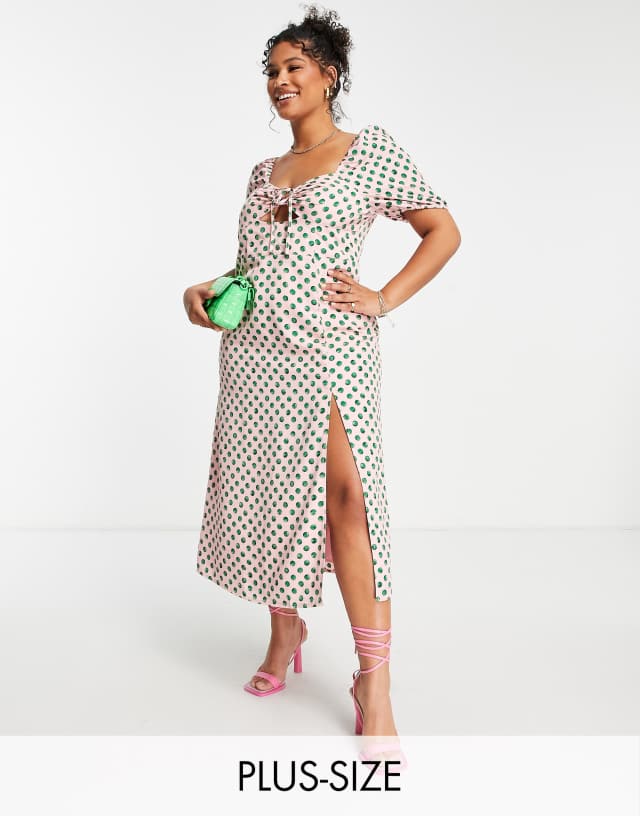 The Frolic Plus milkmaid midaxi dress with tie bust detail in watercolor dot