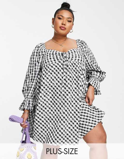 The Frolic Plus - Mini-swingjurk met bloemetjes in gingham ruit in multi